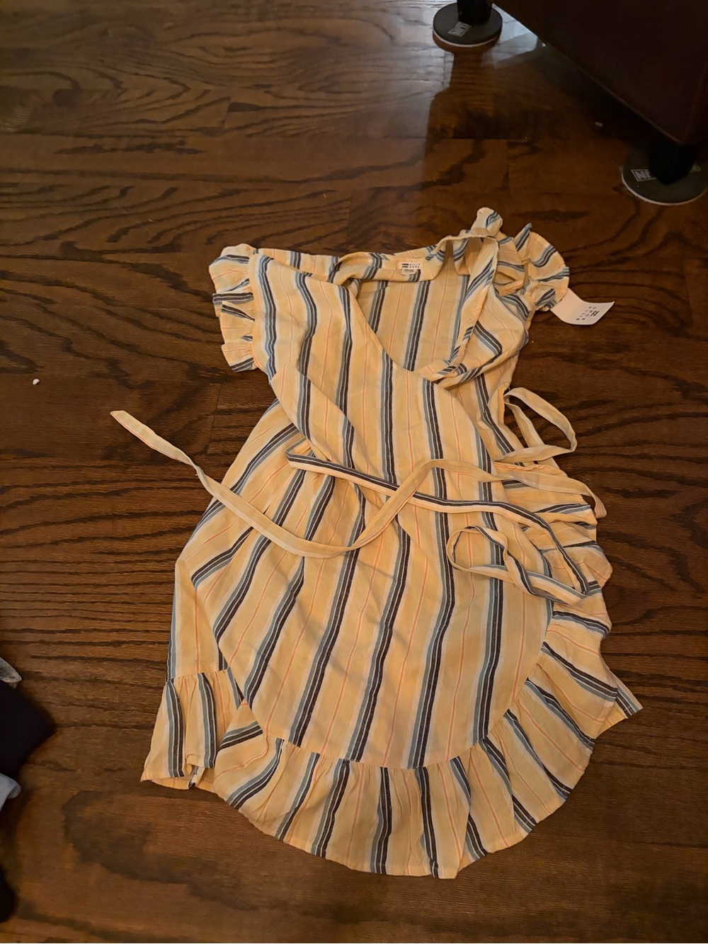 Billabong Yellow and Navy Striped Ruffle Wrap Mini Dress